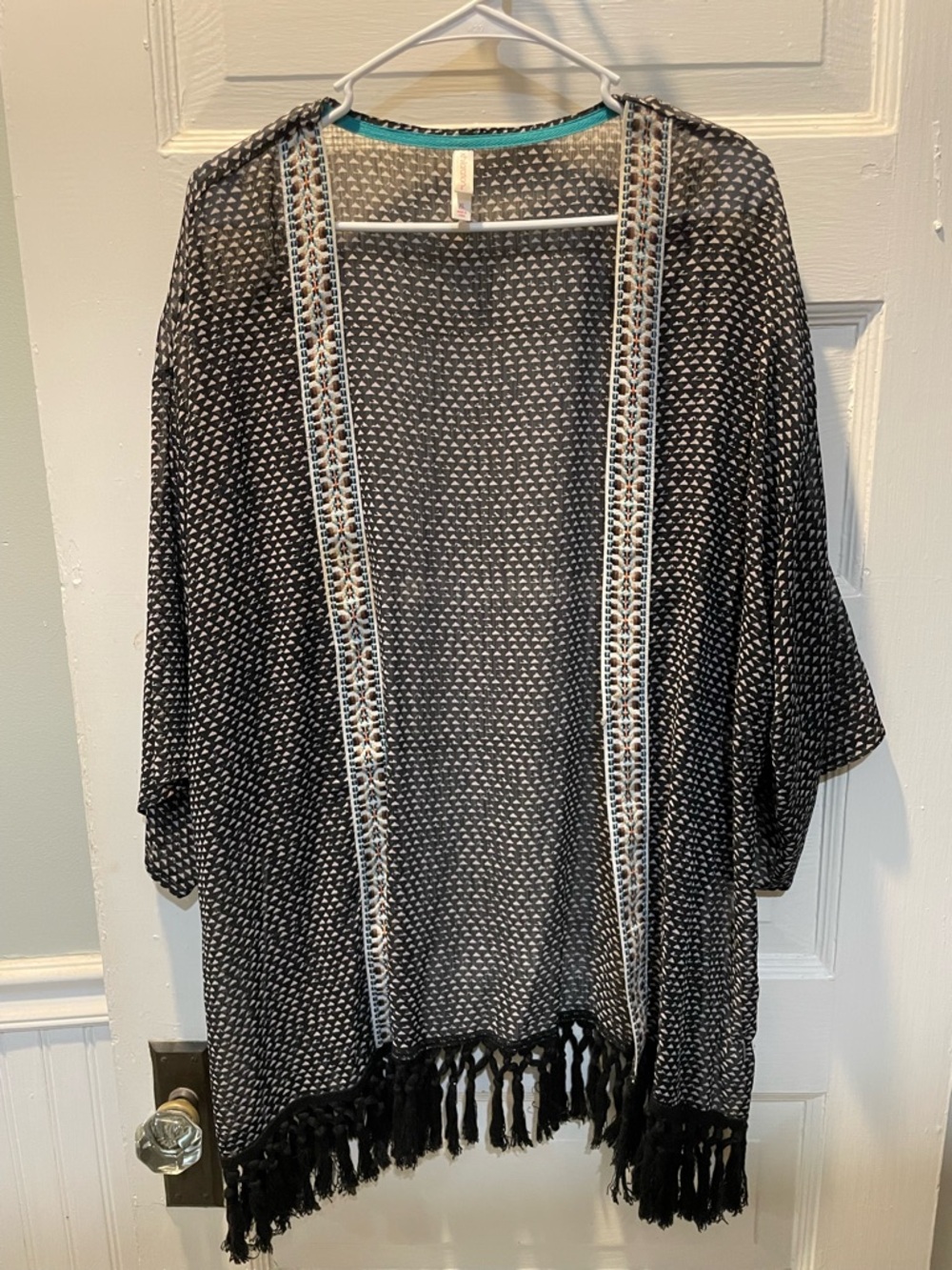 Open Front Kimono with Black Tassel Fringe and embroidered Detail. Size XL